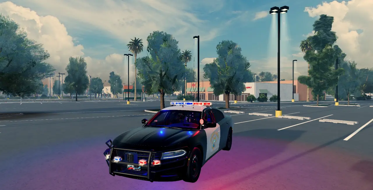 A CHP Charger parked on the highway