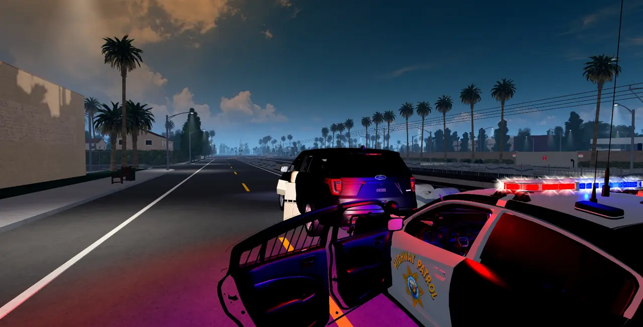 A traffic stop with the cruiser's lights on