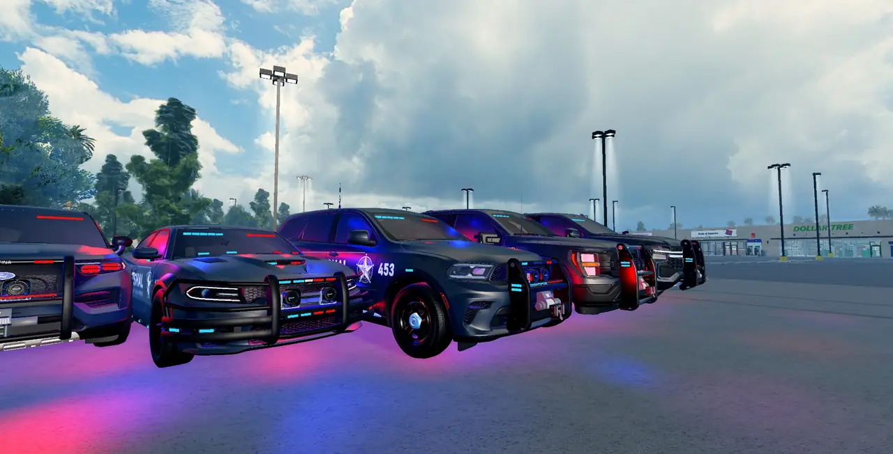 Marshals vehicles lined up in a parking lot