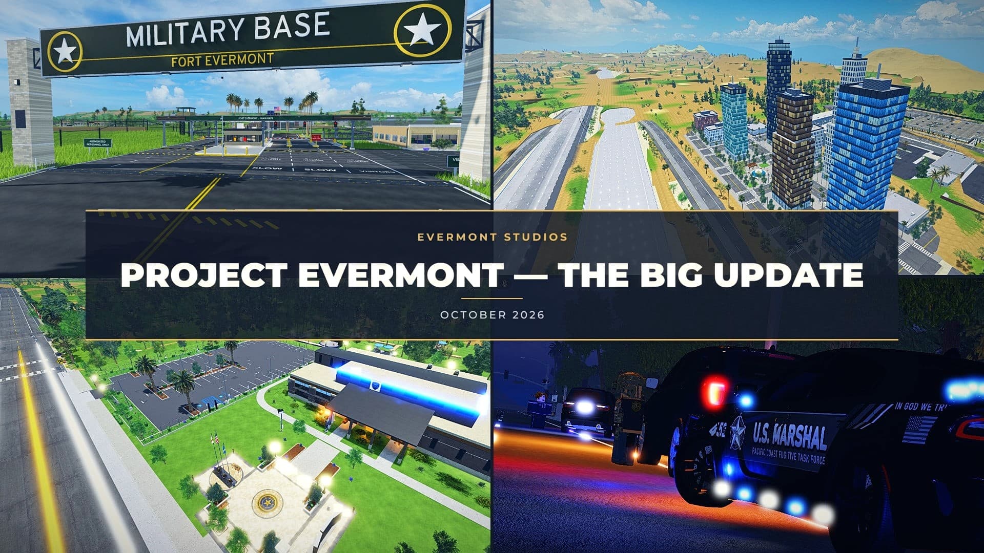 Fort Evermont main gate, the Arella District towers, the new SBPD station and U.S. Marshal cars on a night stop