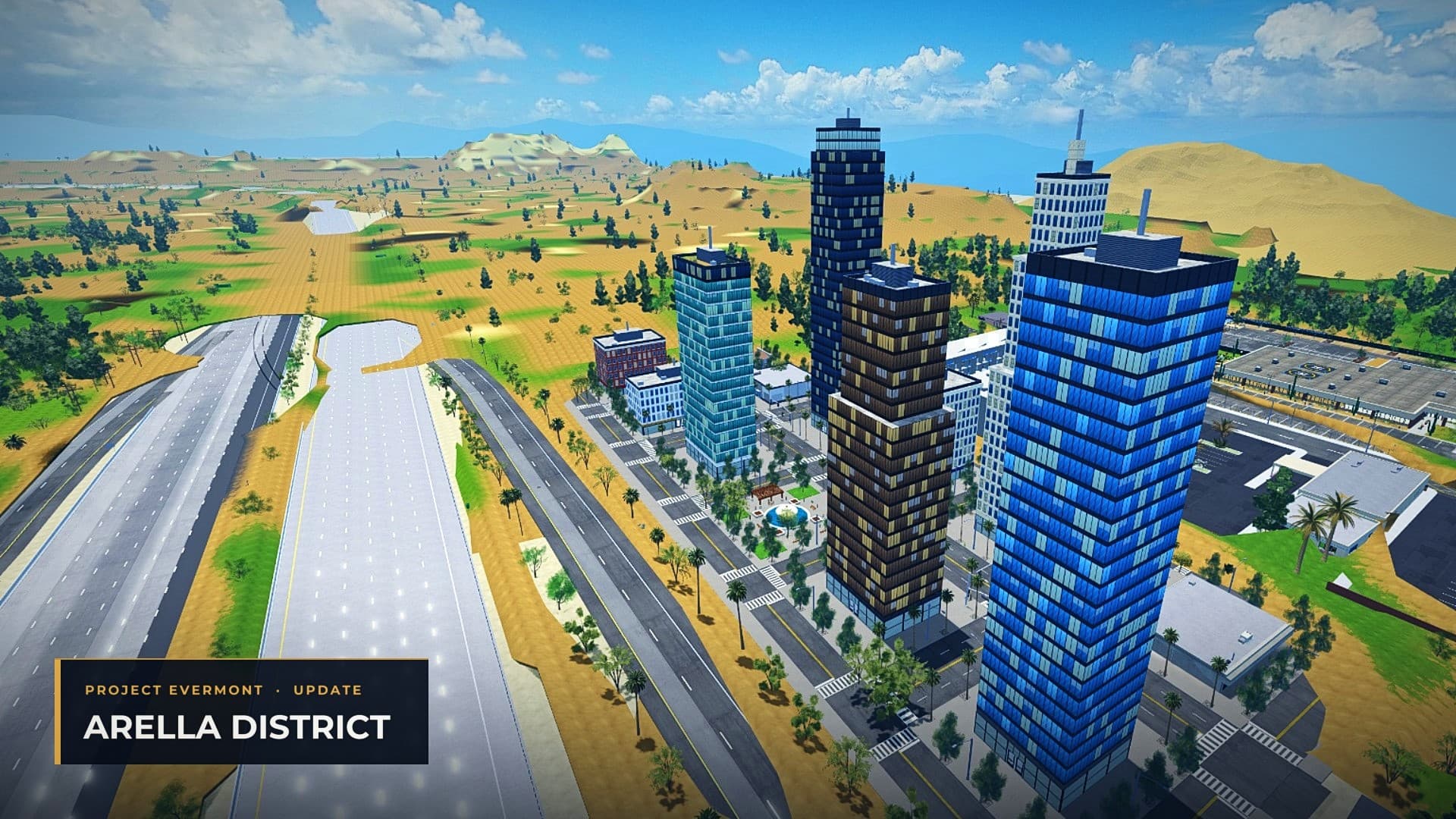 Aerial view of the Arella District towers beside the freeway
