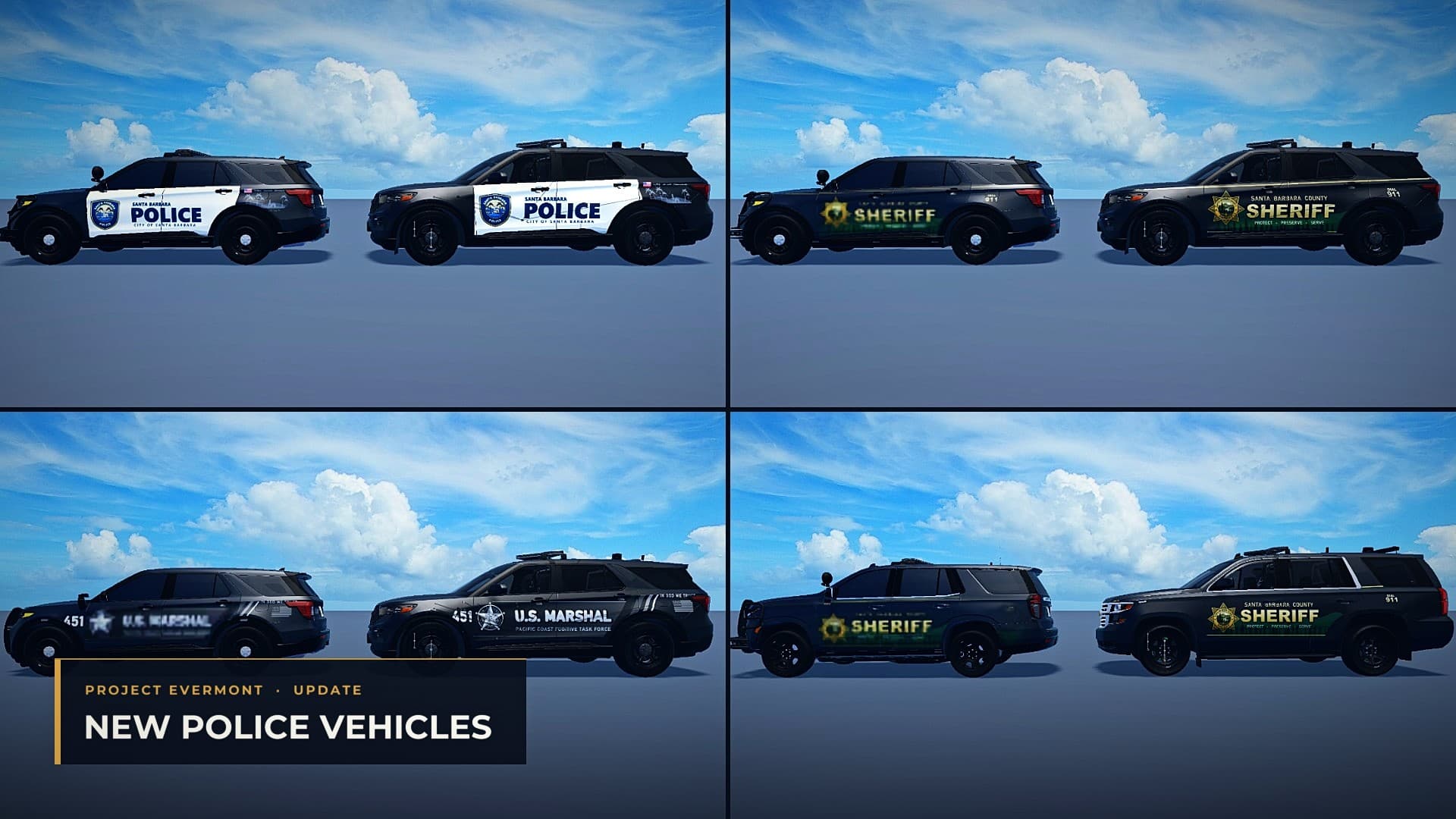 New Explorer and Tahoe patrol vehicles in SBPD, Sheriff and U.S. Marshal liveries