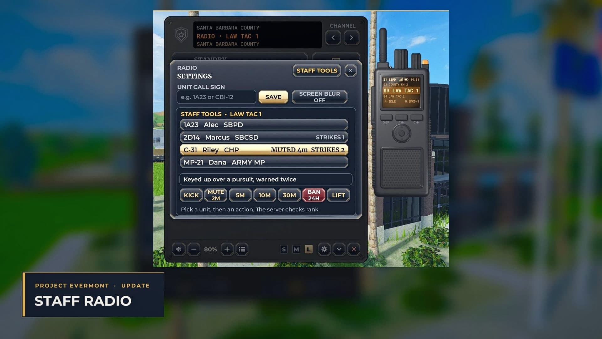 The in-game radio with the staff tools panel open