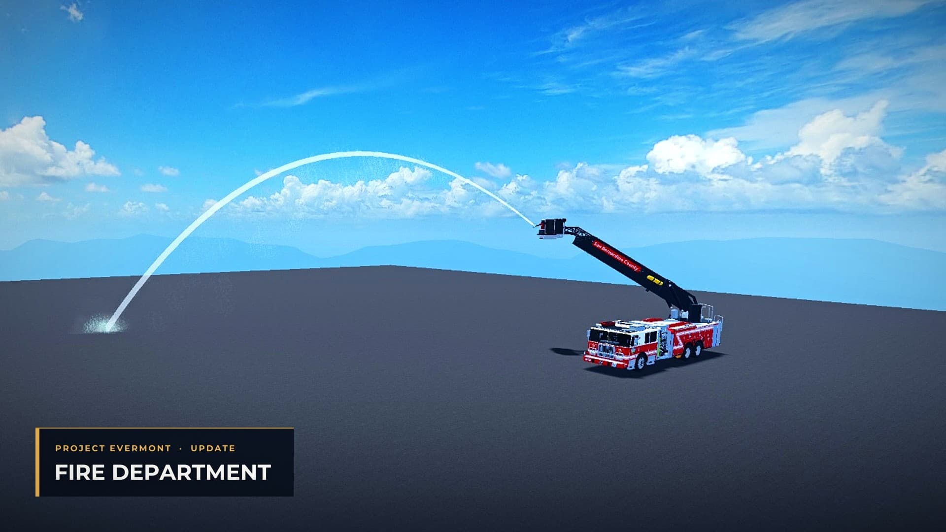 A ladder truck spraying a water stream from its raised ladder