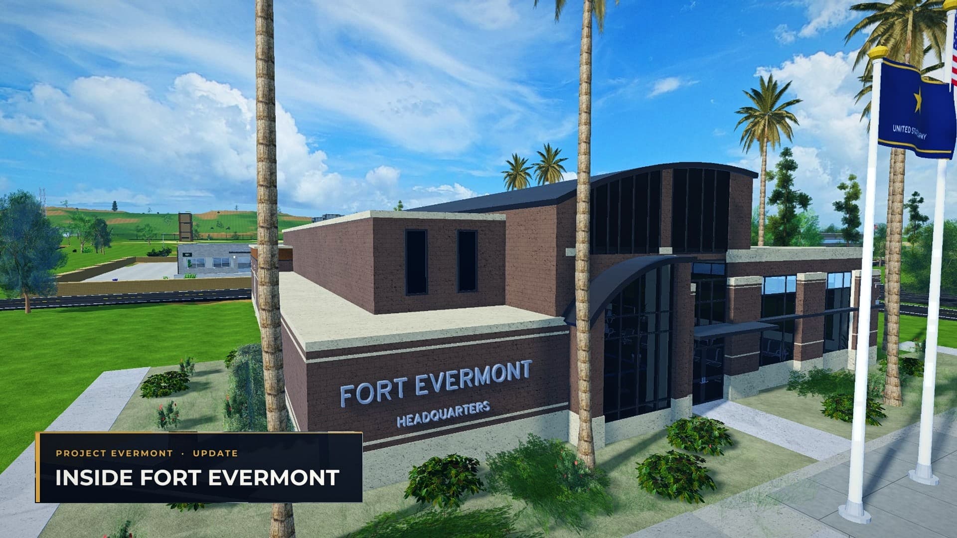 Fort Evermont headquarters with U.S. Army, MP and Rangers signs