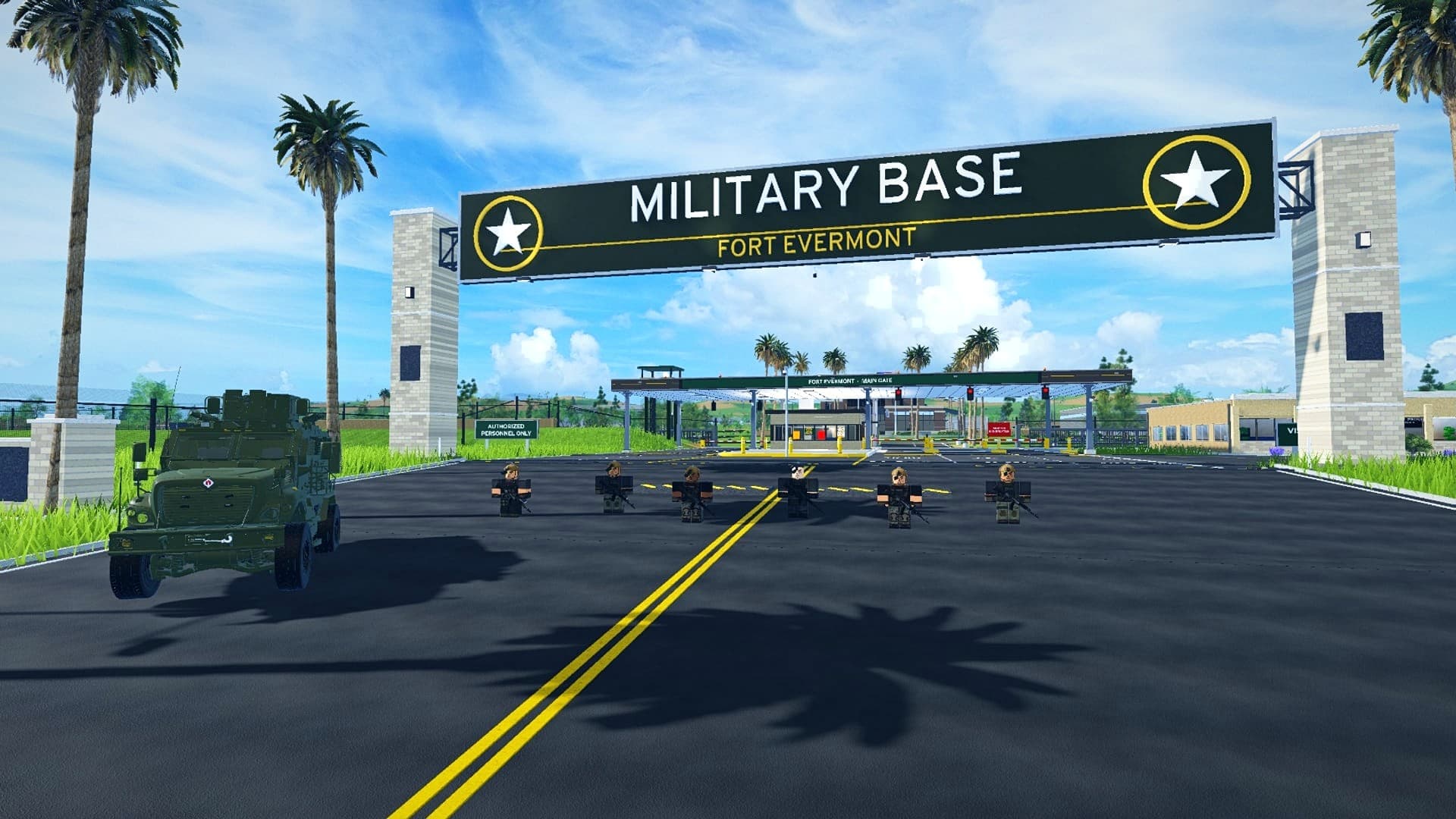 An olive MRAP and a raider squad outside the Fort Evermont main gate