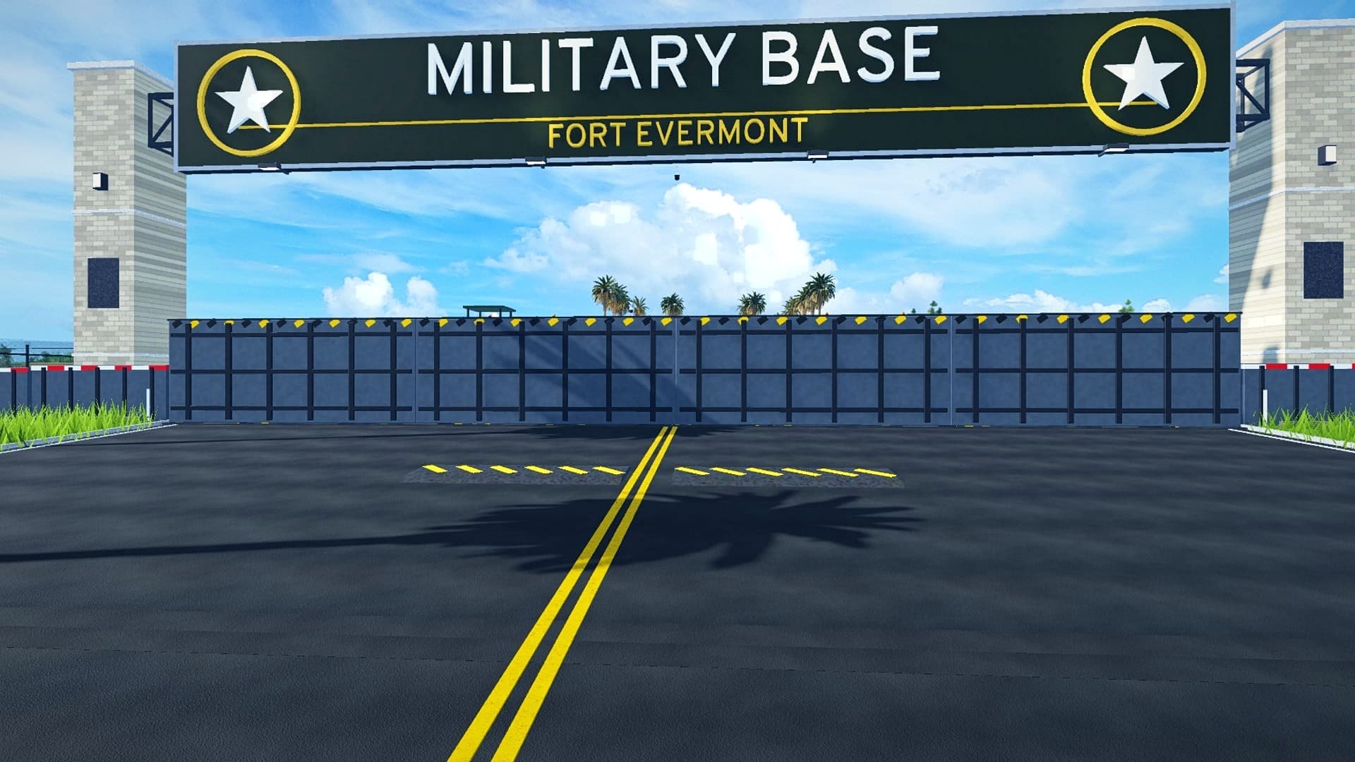 The Fort Evermont blast doors raised across the main gate under the Military Base sign